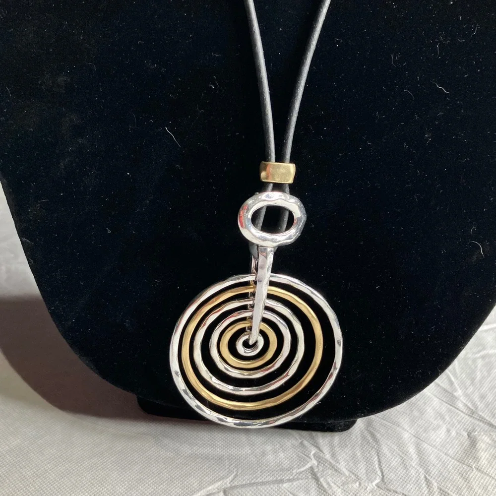 Chico's Modern Swirl Pendant Necklace Leather‎ Cord Gold Silver Tone Statement